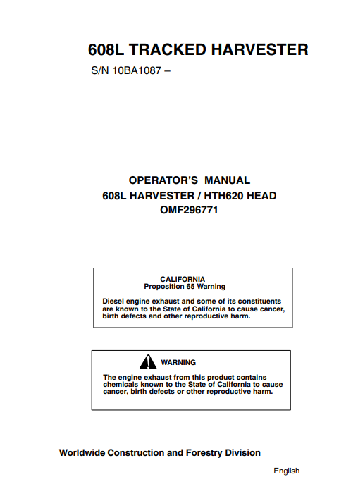 JOHN DEERE 608L (608 SERIES) FORESTRY Tracked Harvesters OPERATOR MANUAL - OMF296771