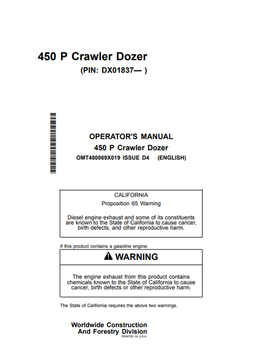 OPERATOR MANUAL - JOHN DEERE 450 P Construction Crawler Dozers - OMT480069X019_64