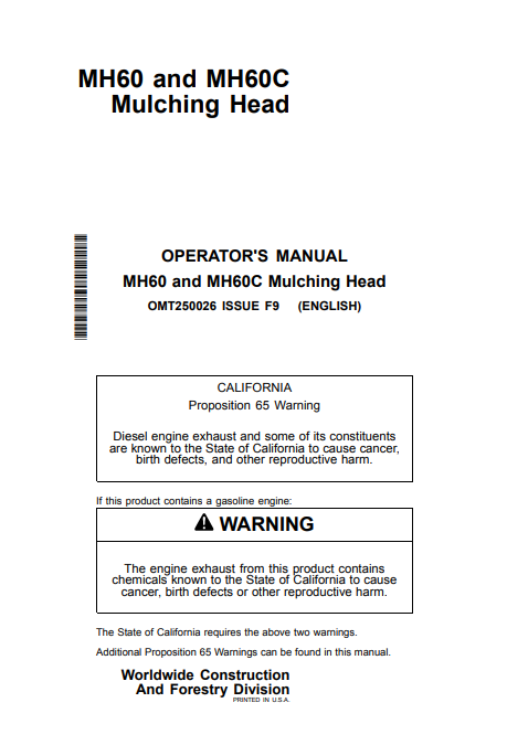 JOHN DEERE MH60 MH60C Construction Worksite Pro™ Attachments OPERATOR MANUAL - OMT250026