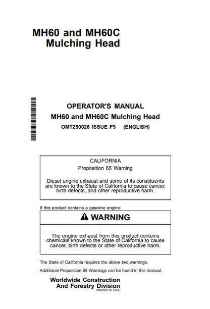 JOHN DEERE MH60 MH60C Construction Worksite Pro™ Attachments OPERATOR MANUAL - OMT250026