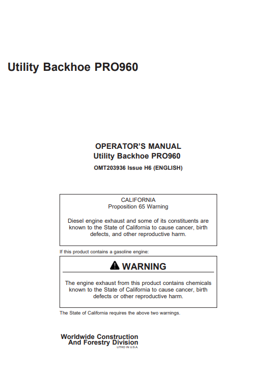 JOHN DEERE PRO960 Construction Attachments OPERATOR MANUAL - OMT203936