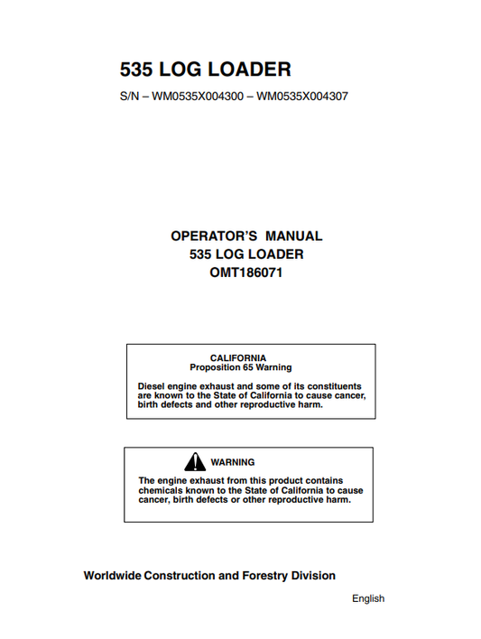 JOHN DEERE 535 (35 SERIES) Forestry Knuckleboom Loade OPERATOR MANUAL - OMT186071_