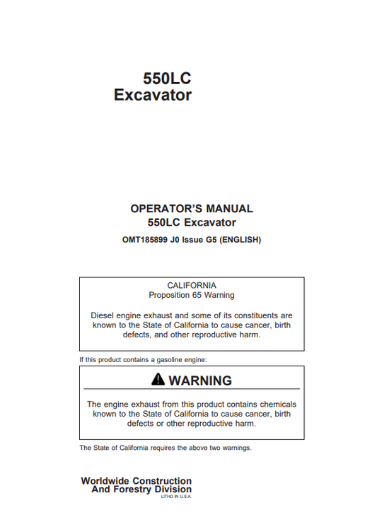 JOHN DEERE 550LC (METRIC) Construction Excavators OPERATOR MANUAL - MT185899_