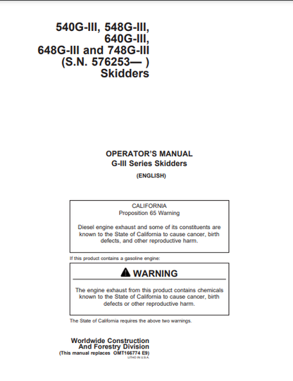 OMT183331- JOHN DEERE 540GIII,640GIII,548GIII,648GIII,748GIII (G SERIES III) Forestry Skidders OPERATOR MANUAL