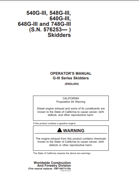 OMT183331- JOHN DEERE 540GIII,640GIII,548GIII,648GIII,748GIII (G SERIES III) Forestry Skidders OPERATOR MANUAL