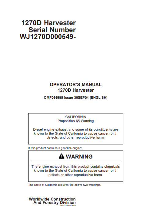 JOHN DEERE 1270D (D SERIES_TIMBERJACK MODELS) FORESTRY Wheeled Harvesters OPERATOR MANUAL - OMF066998