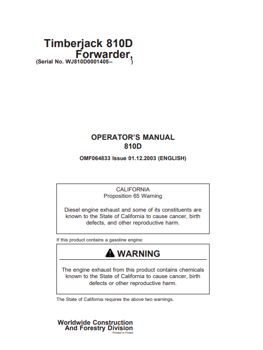 JOHN DEERE 810D (D SERIES) FORESTRY Forwarders OPERATOR MANUAL - OMF064833_