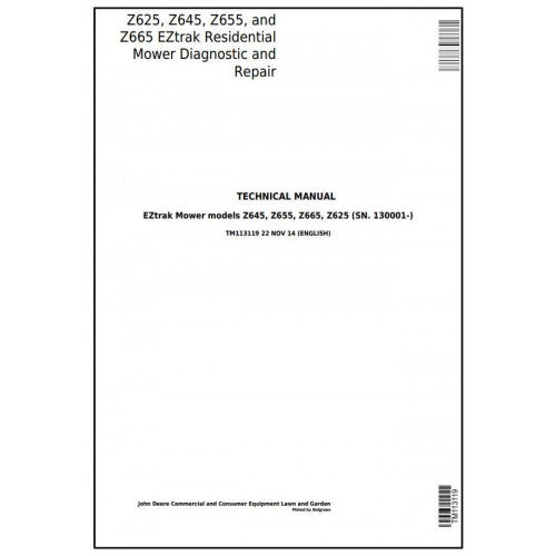 JOHN DEERE Z625, Z645, Z655, AND Z665 EZTRAK RESIDENTIAL MOWER DIAGNOSTIC AND EZTRAK RESIDENTIAL MOWER RIDING LAWN EQUIPMENT TM113119