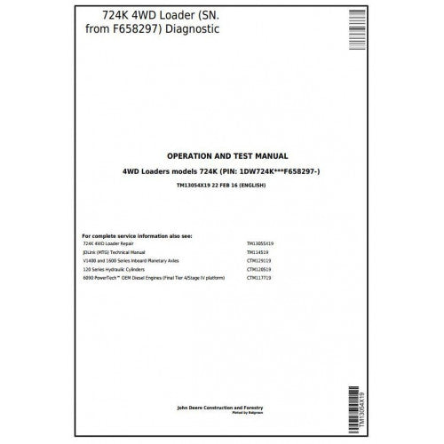 DIAGNOSTIC, OPERATION & TEST SERVICE MANUAL - JOHN DEERE 724K 4WD LOADER (SN.FROM F658297) TM13054X19 