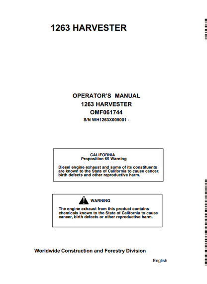 JOHN DEERE 1263 (63 SERIES) Forestry Wheeled Harvesters OPERATOR MANUAL - OMF061744_