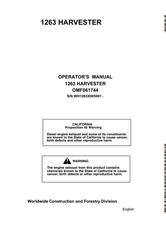 JOHN DEERE 1263 (63 SERIES) Forestry Wheeled Harvesters OPERATOR MANUAL - OMF061744_