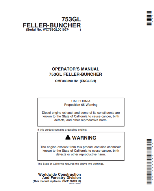 JOHN DEERES 753GL (G SERIES) FORESTRY Tracked Feller Bunchers OPERATOR MANUAL - OMF383390