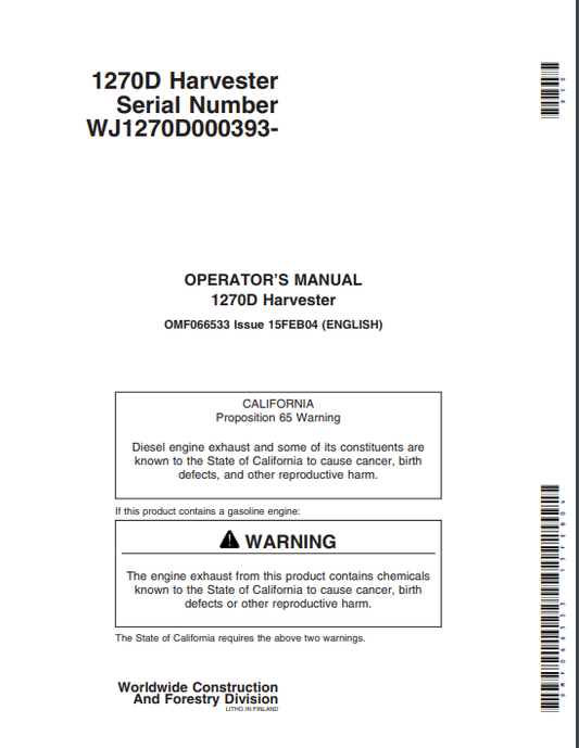 JOHN DEERE 1270D (D SERIES_JOHN DEERE MODELS) FORESTRY Wheeled Harvesters OPERATOR MANUAL - OMF066533