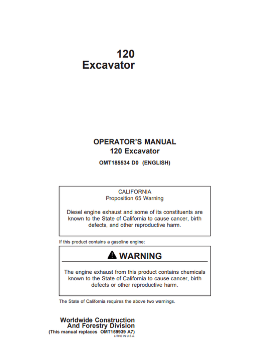 JOHN DEERE 120 (METRIC) Construction Excavators OPERATOR MANUAL - OMT185534