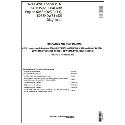 DIAGNOSTIC MANUAL - JOHN DEERE 624K 4WD LOADER (SN.642635-658064) W.ENGINE 6068HDW79, 6068HDW83 TM12102 