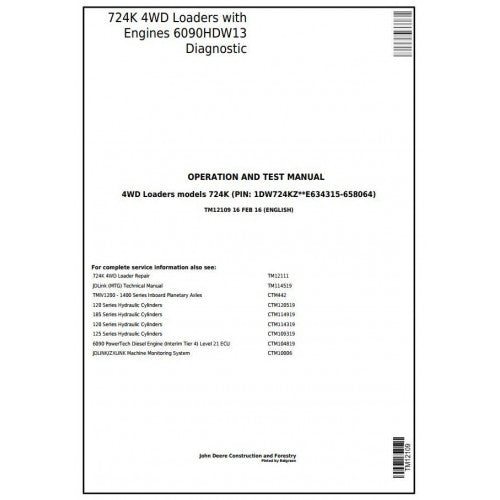 DIAGNOSTIC SERVICE MANUAL -  JOHN DEERE 724K 4WD LOADER (SN.E634315-658064) W.ENGINE 6090HDW13 TM12109 