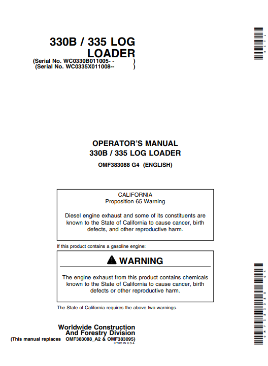 JOHN DEERES 330B, 335 (B SERIES, 35 SERIES) FORESTRY Knuckleboom Loader OPERATOR MANUAL - OMF383088