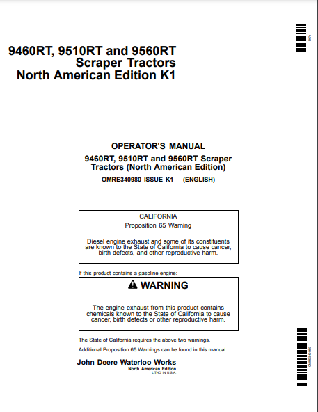 OMRE340980- JOHN DEERE 9460RT, 9510RT, 9560RT Construction Scraper Tractors OPERATOR MANUAL