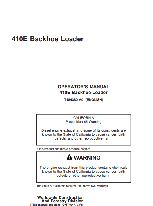 JOHN DEERE 410E (E SERIES) Construction Backhoes OPERATOR MANUAL - OMT184380_