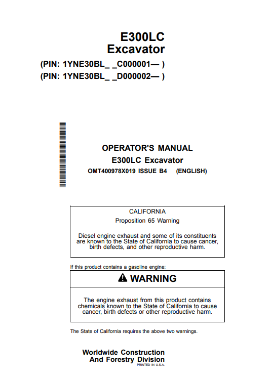 OPERATOR MANUAL - JOHN DEERE E300LC Construction Excavators - OMT400978X019_44