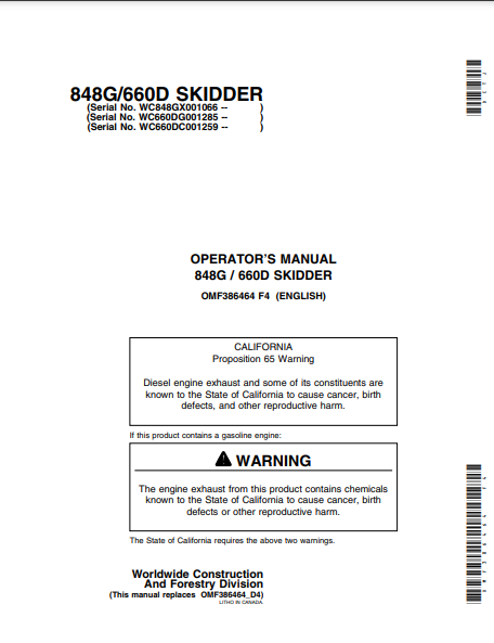 OMF386464 - JOHN DEERE 848G,660D (G SERIES,D SERIES) Forestry Skidders OPERATOR MANUAL