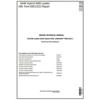 SERVICE REPAIR TECHNICAL MANUAL - JOHN DEERE 644K HYBRID (SN. FROM E651322) 4WD LOADER TM12708 