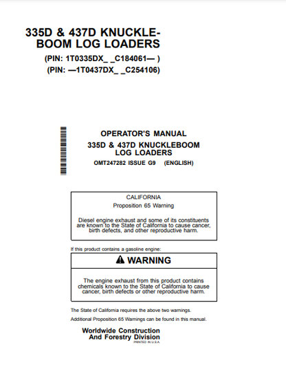 OMT247282 - JOHN DEERE 335D,437D (D SERIES) Forestry Knuckleboom Loader OPERATOR MANUAL