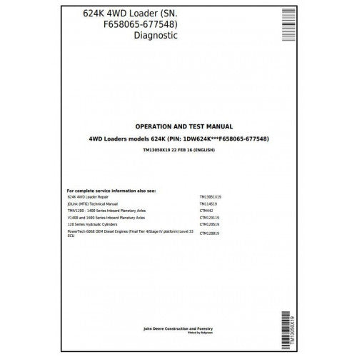 DIAGNOSTIC, OPERATION&TEST SERVICE MANUAL - JOHN DEERE 624K 4WD LOADER (SN.F658065-677548) TM13050X19 