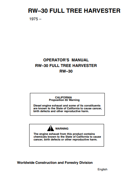 JOHN DEERE RW30 (SERIES) Forestry Harvester OPERATOR MANUAL - RW30001