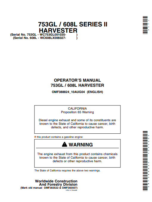 JOHN DEERE 753GL, 608L (G SERIES II, 608 SERIES) Forestry Tracked Harvesters OPERATOR MANUAL - OMF388824