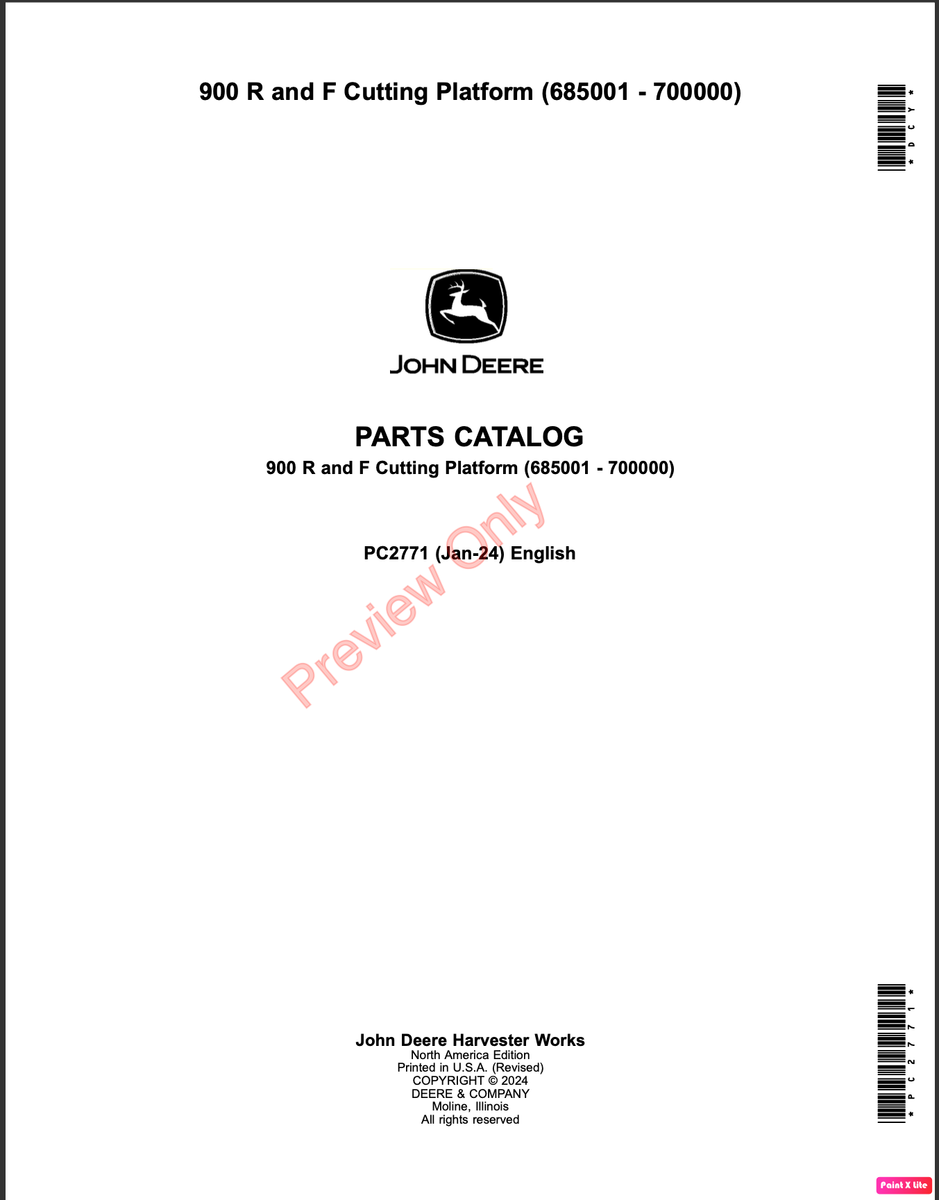 PC2771 - JOHN DEERE 900 RIGID AND FLEX CUTTING PLATFORMS PARTS CATALOGUE MANUAL