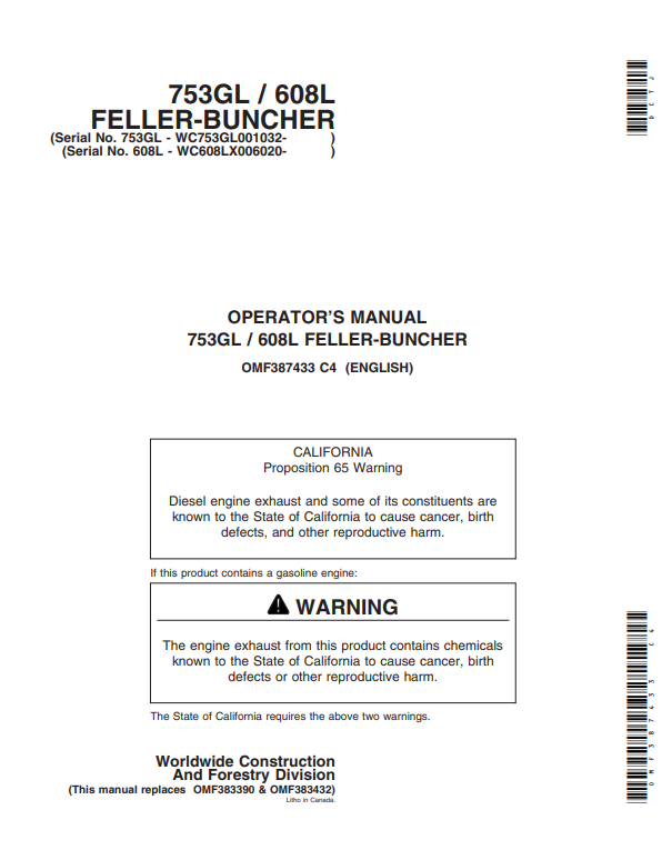 JOHN DEERE 753GL, 608L (G SERIES, 608 SERIES) Forestry Tracked Feller Bunchers OPERATOR MANUAL - OMF387433