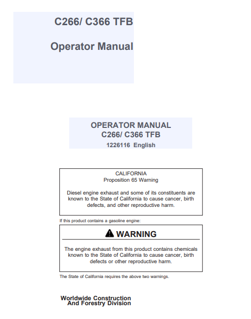 JOHN DEERE C266, C366  Forestry Tracked Feller Bunchers OPERATOR MANUAL - 1226116