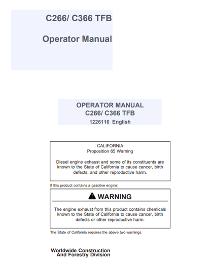 JOHN DEERE C266, C366  Forestry Tracked Feller Bunchers OPERATOR MANUAL - 1226116