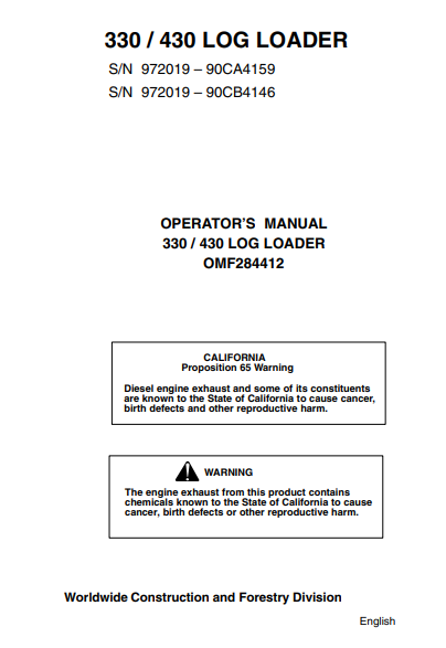 JOHN DEERE 430, 330 (30 SERIES) Forestry Knuckleboom Loader OPERATOR MANUAL - OMF283743