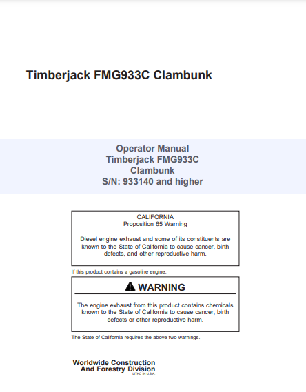 933140 - JOHN DEERE TIMBERJACK 933C (C SERIES) FORESTRY CLAMBUNK OPERATOR MANUAL