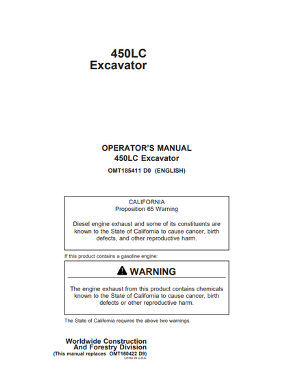 JOHN DEERE 450LC (METRIC) Construction Excavators OPERATOR MANUAL - OMT185411