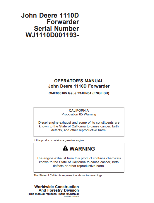 JOHN DEERE 1110D (D SERIES_JOHN DEERE MODELS) FORESTRY Forwarders OPERATOR MANUAL - OMF066165