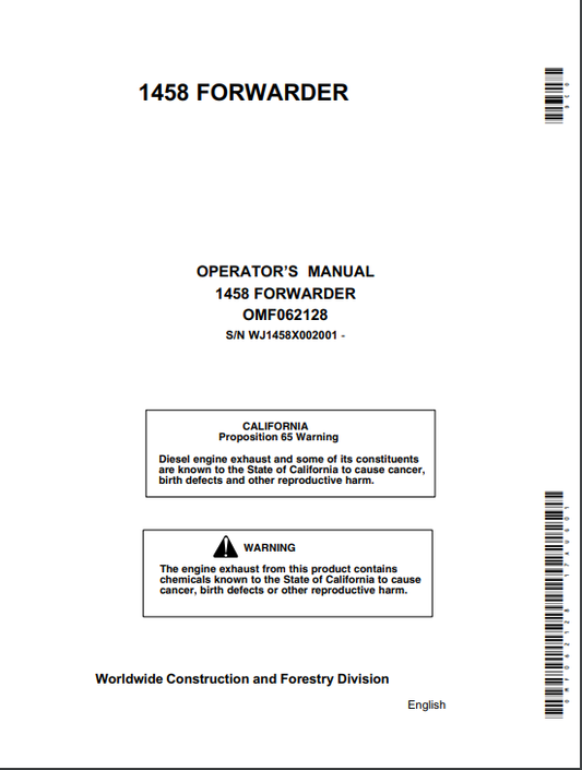 JOHN DEERE 1058 (58 SERIES) Forestry Forwarders OPERATOR MANUAL - OMF062128