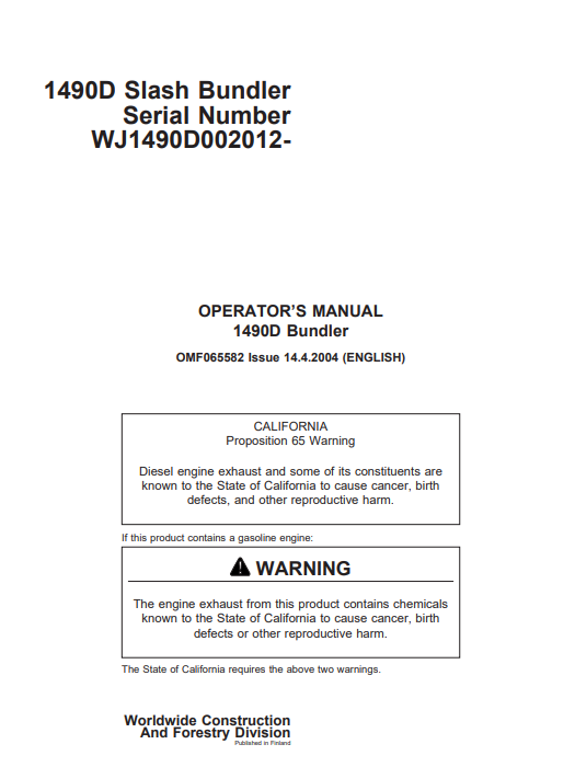 JOHN DEERE 1490D (D SERIES_TIMBERJACK MODELS) FORESTRY Energy Technology OPERATOR MANUAL - OMF065582_