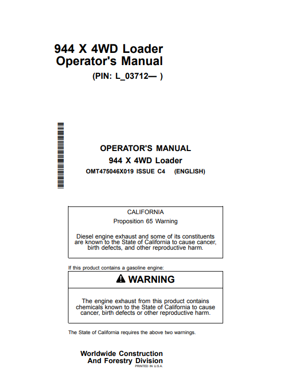 OPERATOR MANUAL - JOHN DEERE 944 X Construction Backhoe Loaders - OMT475046X019_54