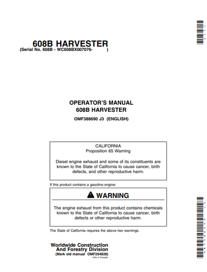 JOHN DEERE 608B (608 SERIES) Forestry Tracked Harvesters  OPERATOR MANUAL - OMF388690