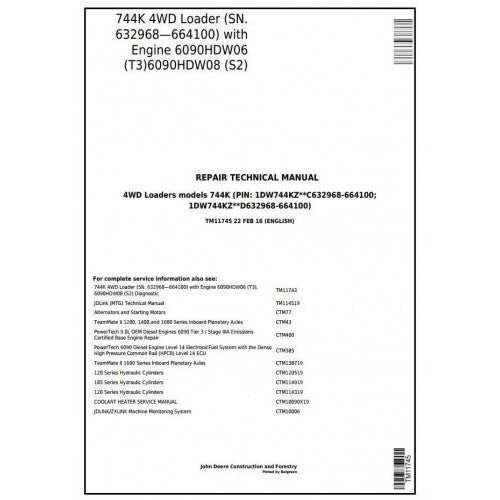 SERVICE REPAIR TECHNICAL MANUAL -  JOHN DEERE 744K 4WD LOADER (SN. 632968—664100) W.T3/S2 TM11745