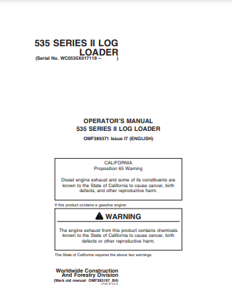 JOHN DEERE TIMBERJACK 530B, 535 (B SERIES, SERIES II) FORESTRY Knuckleboom Loader OPERATOR MANUAL - OMF389371