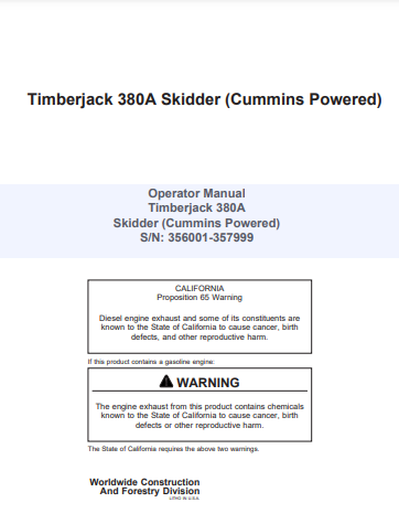 8044811 - JOHN DEERE TIMBERJACK 380A (A SERIES) FORESTRY SKIDDERE OPERATOR MANUAL