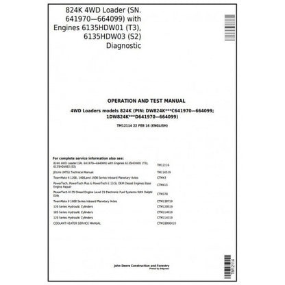 DIAGNOSTIC, OPERATION & TEST SERVICE MANUAL -  JOHN DEERE 824K 4WD LOADER (SN.641970—664099) TM12114 