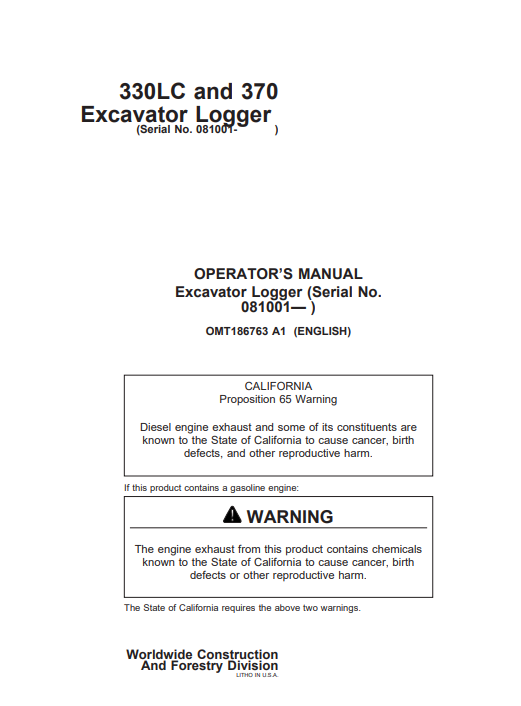 JOHN DEERE 330LC, 370 (METRIC) Forestry Loggers OPERATOR MANUAL - OMT186763