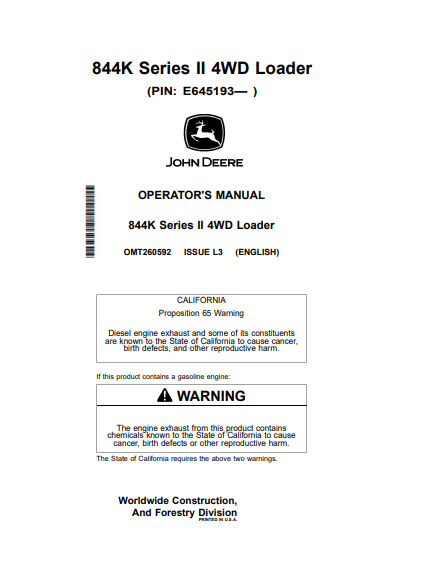 OPERATOR MANUAL - JOHN DEERE 844K SERIES II (0) Construction Loaders- OMT260592_24