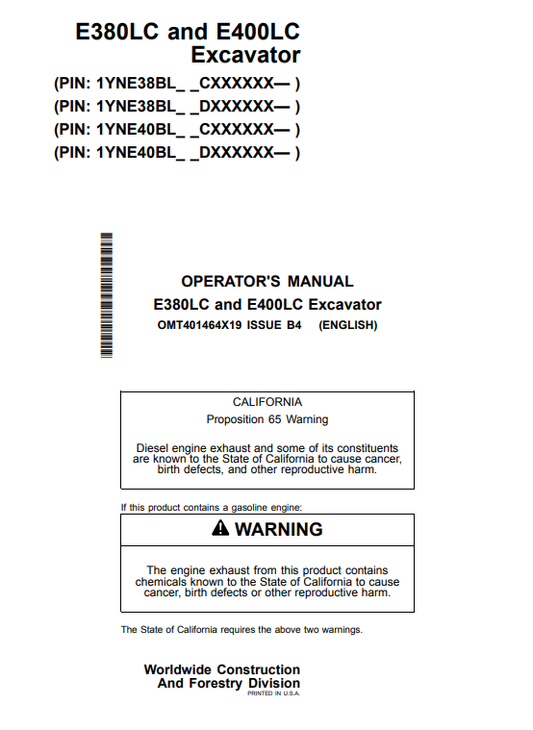 OPERATOR MANUAL - JOHN DEERE E380LC, E400LC Construction Excavators  - OMT401464X19_44