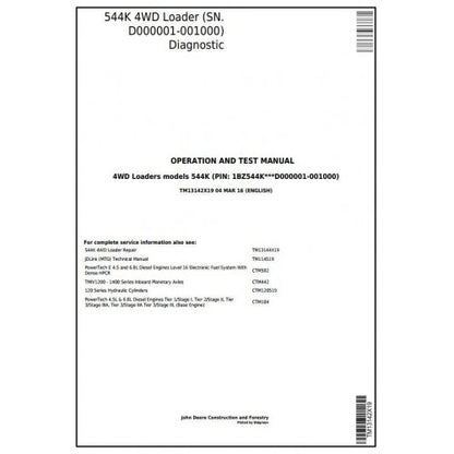 DIAGNOSTIC, OPERATION&TEST SERVICE MANUAL - JOHN DEERE 544K 4WD LOADER (SN.D000001-001000) TM13142X19 